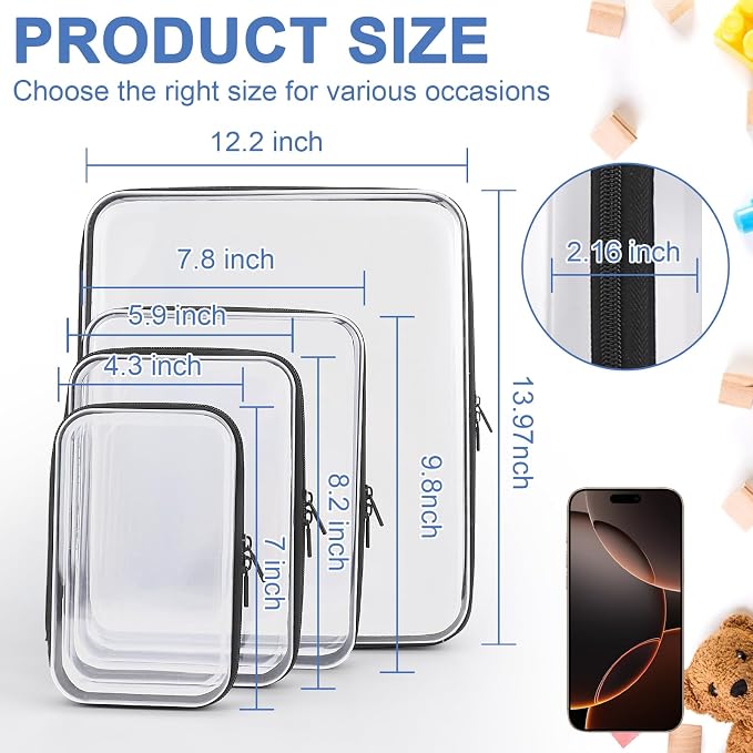 Clear Hard Shell Zipper Case, Clear Zipper Pouches Waterproof Makeup Organizer & Travel Toiletry Storage Bag, Plastic Pouch for Office, Home, Black, 4Pack XL+L+M+S