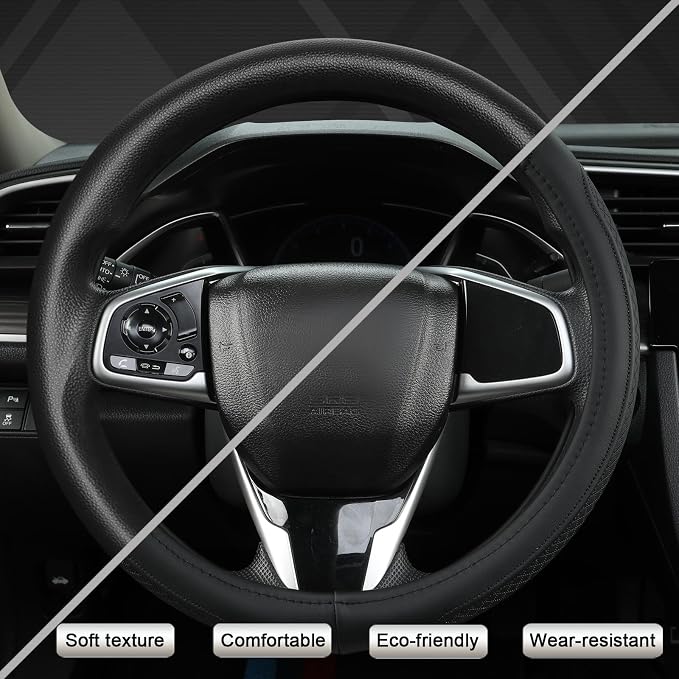 Customized Auto Car Steering Wheel Cover for Honda Accord Civic CR-V HR-V Pilot Fit Passport Odyssey 14.5-15inch(Black-Standard Size)