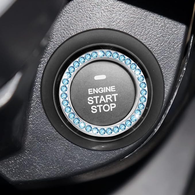 Bling Car Engine Start Ring Decals, 2PCS Crystal Rhinestone Vehicle Push Start Button Cover Sticker, Key Ignition Knob Ring, Sparkling Automotive Interior Accessories (Light Blue)