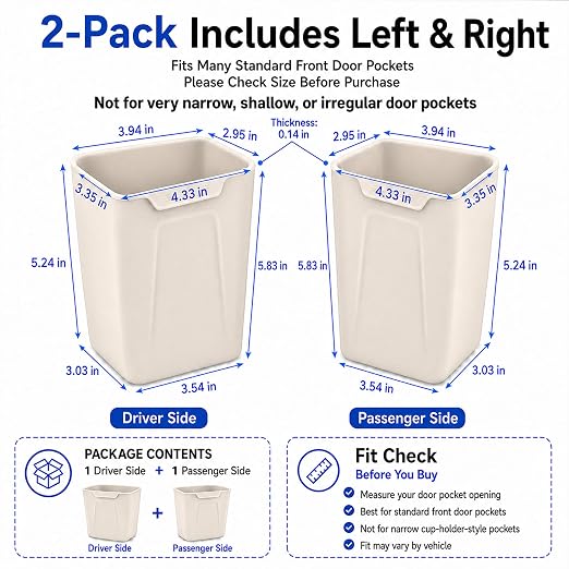 2 Pack Car Trash Can for Door Pocket Reinforced Silicone Auto Garbage Bin with Stay-Open Rim, Waterproof Car Waste Container, Left & Right Door Organizer, Fits Most Standard Door Pockets, White