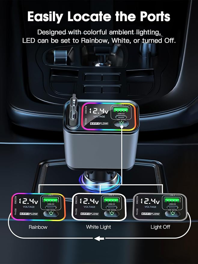 Retractable Car Charger USB C & Lightning, 107W Fast Charging Type-C Car Charger with Built-in Lightning Cable, Compatible with iPhone 17/16/15/Air, Samsung S24/S23/S22, Pixel 9/8/7 - Grey