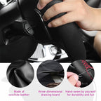 Genuine Leather Steering Wheel Cover, Stitch on Wrap, Breathable Anti-Slip Car Steering Wheel Protector for Max Diameter 15 Inch, DIY Sewing with Needles Thread (Black, Hole)