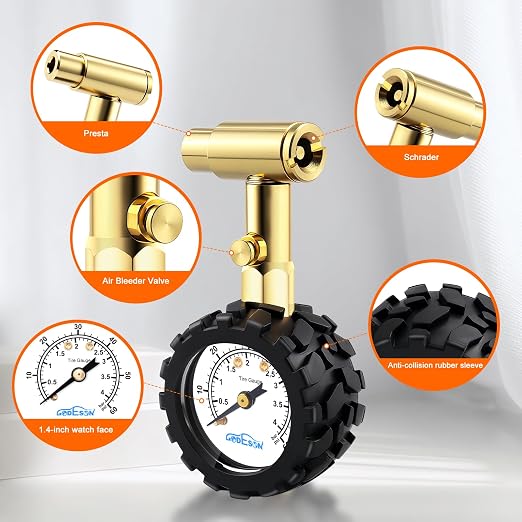 Bike Tire Pressure Gauge - Dual Head for Schrader & Presta Valves,0-60 PSI / 4 BAR Range, 1.5-Inch Dial with Gear Protection Sleeve - Suitable for MTB, Road, E-Bikes and Motobike