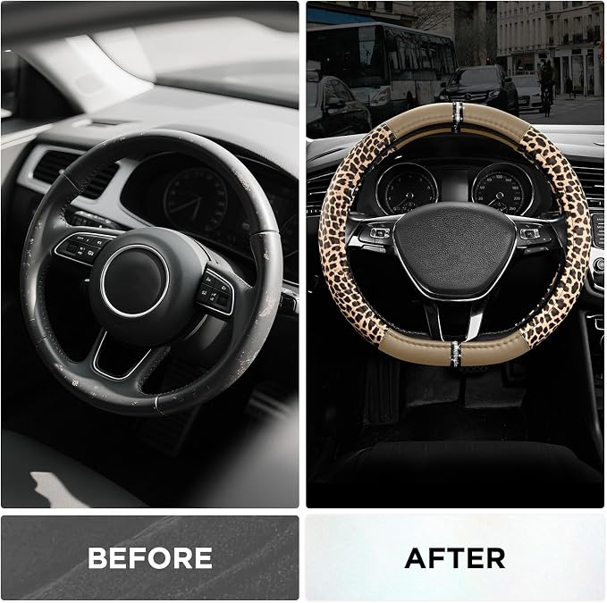 Leopard Steering Wheel Cover for Women, Cute Anti-Slip Microfiber Leather, Fits D Shape Flat Bottom Steering Wheel 14.5-15 Inch - Beige
