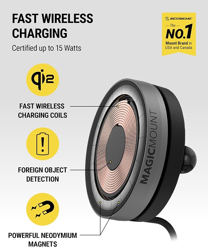 Qi2 MagSafe Car Mount Charger, 15W Wireless Magnetic Phone Holder for Car Dash, Vent & Tesla Display, Secure Grip, 4ft Cable, Fast Charging Compatible with MagSafe iPhone & Samsung Galaxy S25