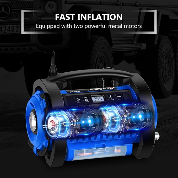 Tire Inflator Portable Air Compressor, 12V DC 110V AC Car Tire Pump, Air Mattress Pump with Inflation and Deflation Modes, Dual Powerful Motors, Digital Pressure Gauge
