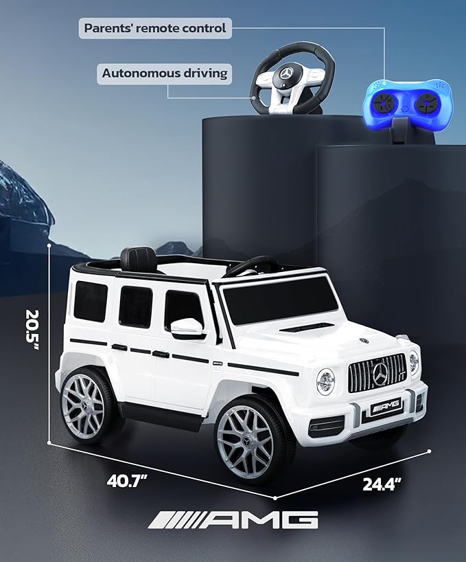 Licensed Mercedes-Benz AMG G63 Ride on Toys,Electric Car for Kids W/Parents Control,Electric Powered G Wagon Ride On Truck Toy,Low Battery Prompt,Bluetooth,Flickering Lights/LED Lights, White