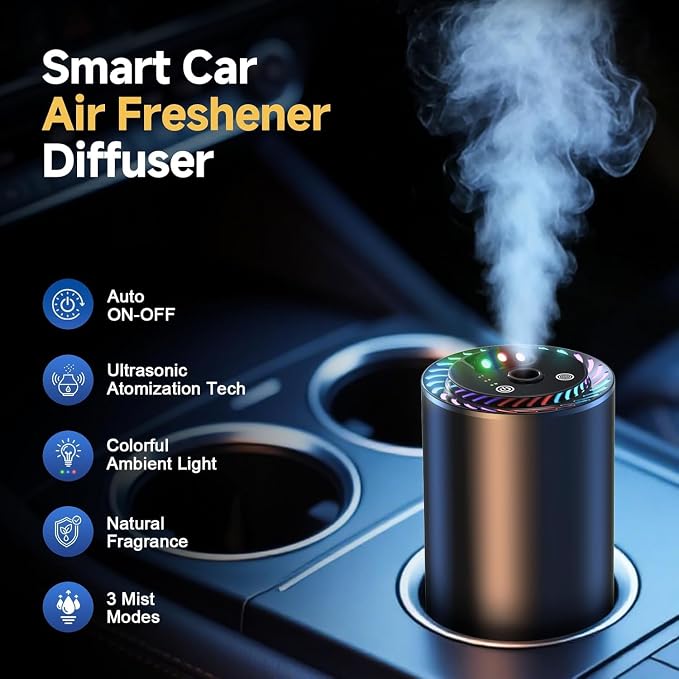 Smart Car Air Freshener with Star Light & 150ml Diffusers Oil Refills, Auto On/Off Aroma Diffuser, 3 Adjustable Modes Rechargeable - Car Diffuser（Cologne+New Car Smell+Mahogany Teakwood）