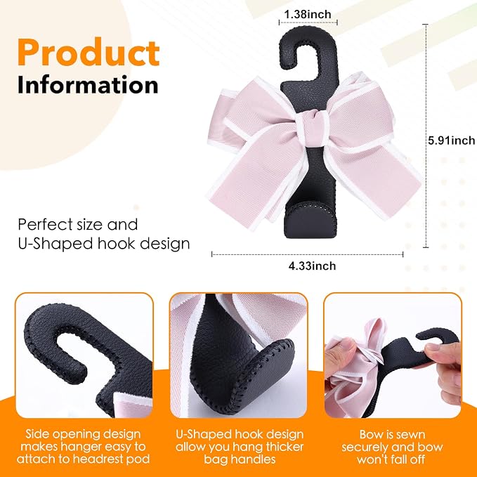 Car Purse Hook, Cute Bow Hooks for Headrest - Leather U-Shaped Purse Holder for Car, Flexible Seat Back Organizer & Durable Vehicle Accessories for Bags, Coats & More (Black&Pink-2 Pack)