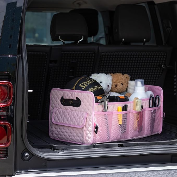 Car Trunk Organizer for SUV, Car Storage Organizer Collapsible Multi Compartment Container Box, Adjustable Car Accessories for Women/Men, Pink