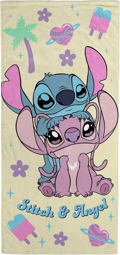Kids Beach Towel - 100% Cotton Super Soft Absorbent Bath Towel, 28" x 58" Inch Lightweight for Travel, Official Licensed Product, Yellow - Lilo and Stitch