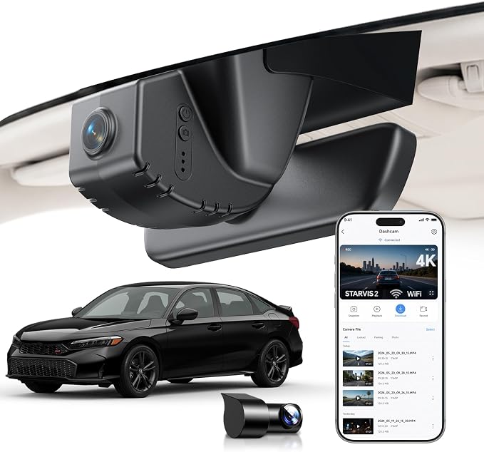 4K UHD STARVIS 2 Dash Cam for Honda Civic, Front Camera with Loop Recording, Gravity Sensor, WiFi & App, Plug & Play