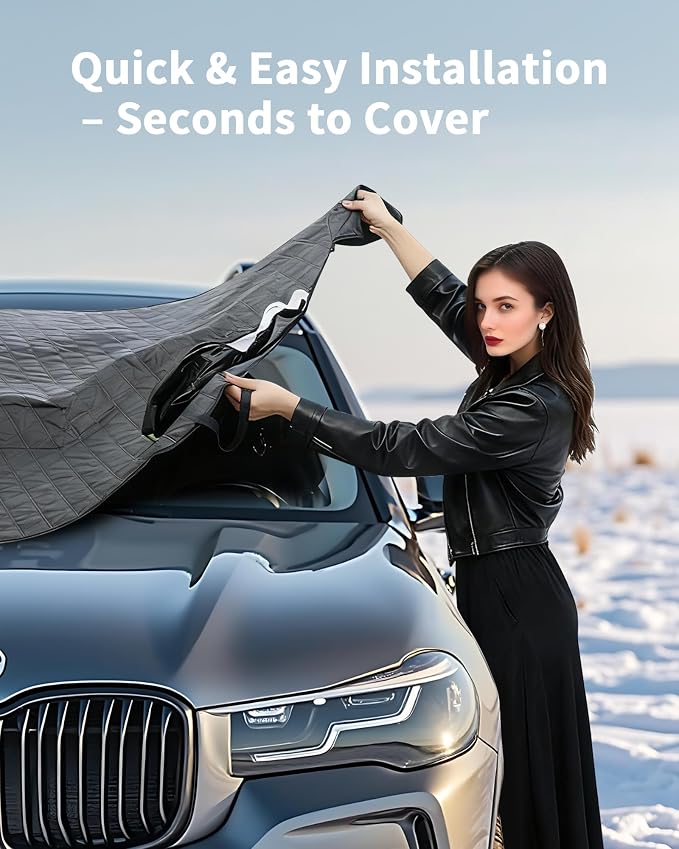 Snow Cover for Car Windshield, Snow Brush and Ice Scraper, Winter Front Window, Protects from Ice Snow Sun, Durable Car Hood Cover, Easy Install Automotive Exterior Accessories (B-Snow Cover-L-Kit)