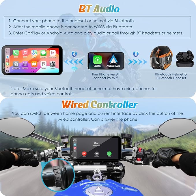 Carpuride W603 Motorcycle Carplay Screen, Wireless CarPlay & Android Auto for Moto, Remote Control，6.3" Waterproof Touchscreen, BT Trans, GPS Navigation, Siri, G00gle Assistant