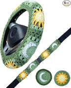 Handmade Crochet Green Moon and Sun Car Steering Wheel Covers Universal 14-15 inch for Women and Men (Steer Wheel Cover+ 2 Belt Cover+2 Coaster)