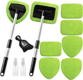 11pcs Windshield Cleaner Tool, Car Window Cleaning Wash Kit with 6 Reusable Microfiber Pads 2 Spray Bottles and Extendable Handles Auto Glass Wiper Kit, Green