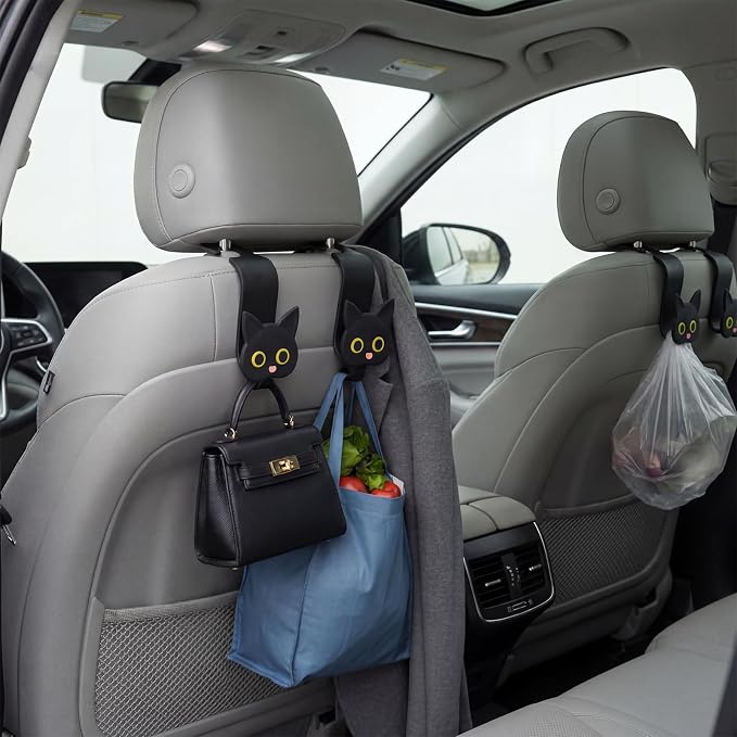 Novabright 4 Pcs Black Cat Car Seat Headrest Hooks Cute Cartoon Cat Car Seat Back Organizer Vehicle Headrest Hangers Automobile Storage Accessories for Handbags Purses Grocery Bags Coats Umbrella