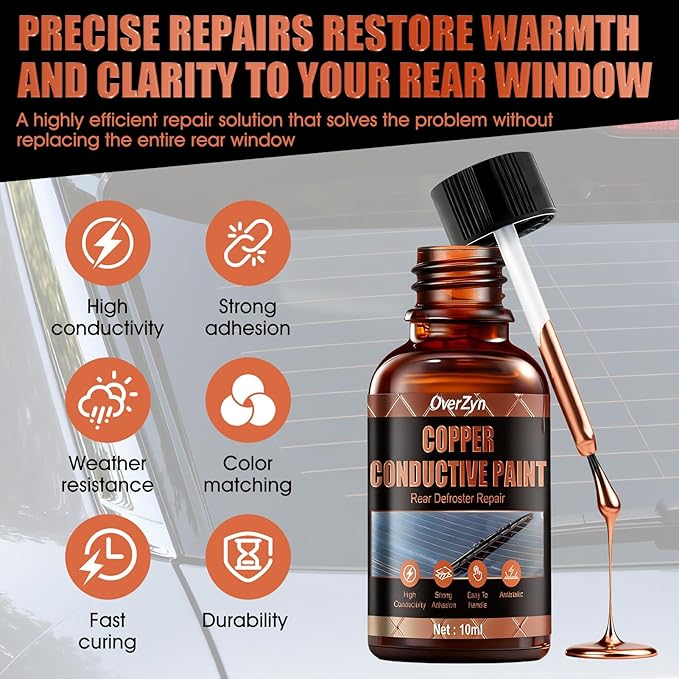 Copper Conductive Paint with Masking Tape and Scraper, High Conductivity, Used to Repair Various Types of Damage to Automotive Rear Window Defroster Grilles, 0.33 oz