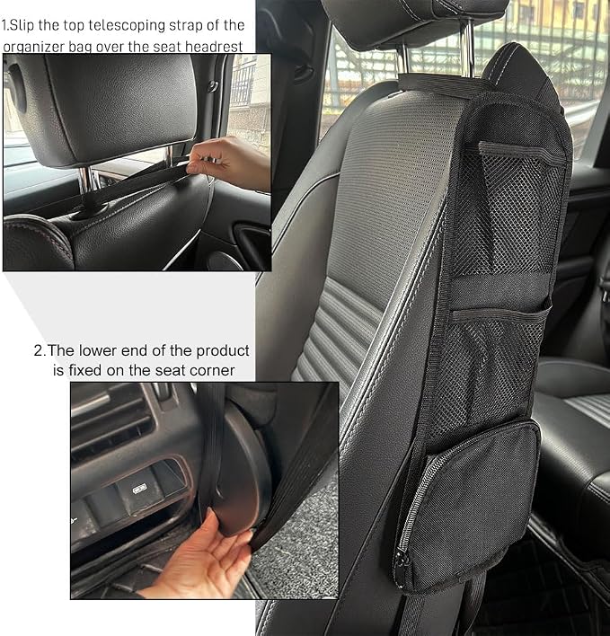Car Seat Side Storage Pocket, Car Multifunctional Seat Organizer Hanging Bag, Auto Mobile Phone Wallet Sunglasses Mesh Net Pocket, Auto Accessories for Cars SUVs Trucks (Black-1, 2PCS)