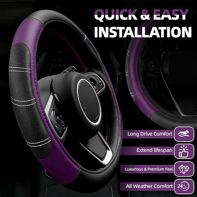 6 Pcs Purple Car Accessories Set, Sport Leather Steering Wheel Cover 14.5-15inch Universal, Leather Car Center Console Cover, Seat Belt Cushion, Cup Holder Coaster (Black-Purple)