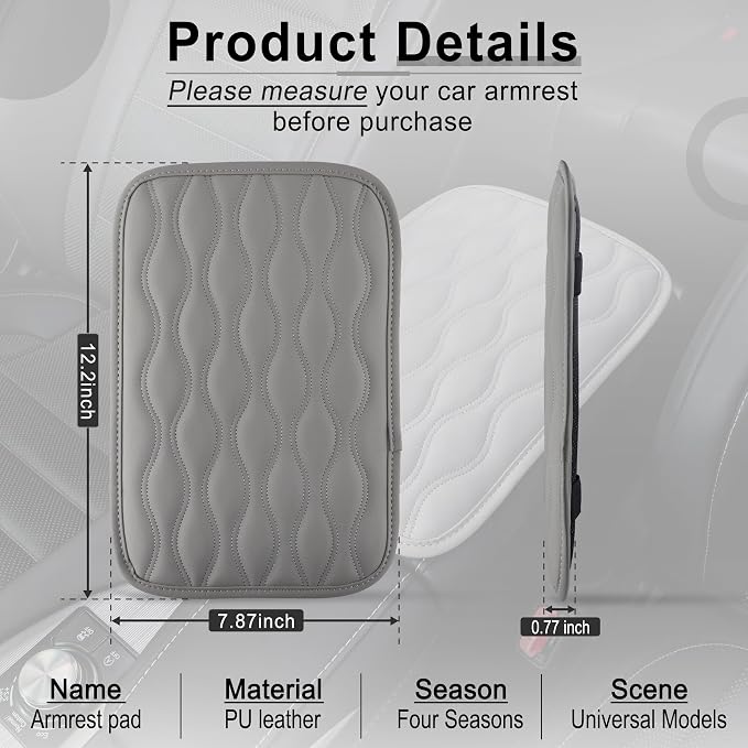 Car Center Console Cover, Upgraded Leather Car Armrest Cushion, Universal Waterproof Cushion Pad, Non-Slip Car Interior Accessories, Fits Most Sedans SUVs Trucks (Gray)