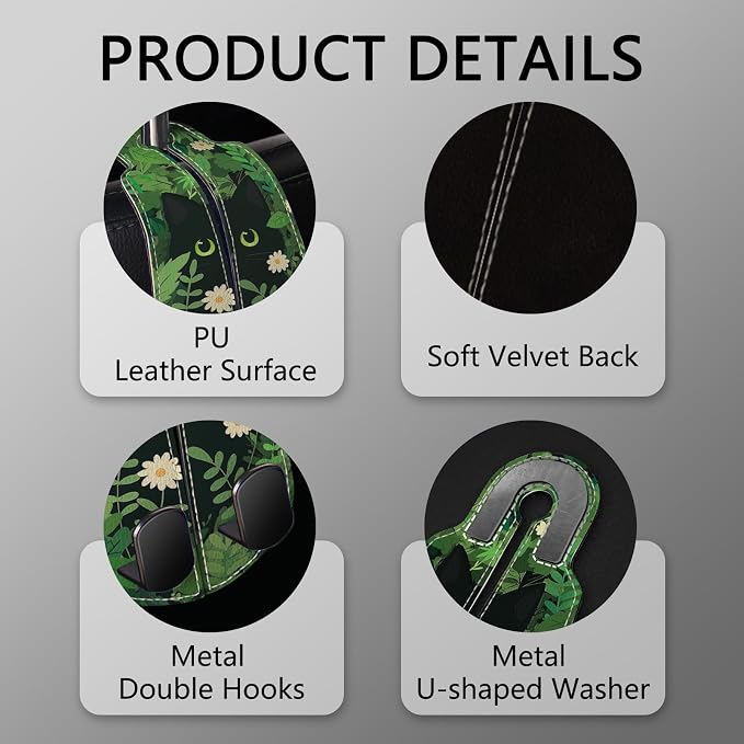 2PCS Car Seat Back Storage Headrest Hooks, Black Cat Floral Purse Holder Bags Hanger, PU Leather Double Metal Hook for Backseat Organizer, Women Car Accessories Organization