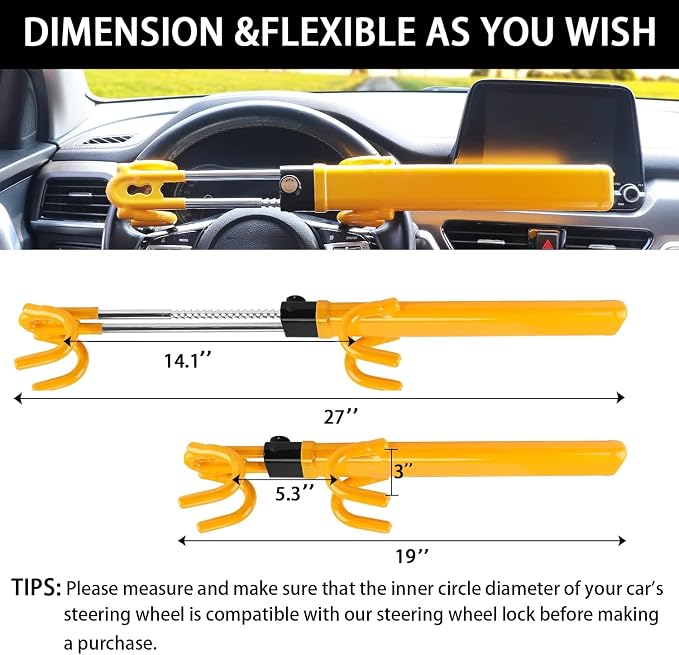 Steering Wheel Lock for car Universal Adjustable Length Anti-Theft Device Car Locks Double Hook Locks for Car SUV Pickup Truck Van(Yellow)