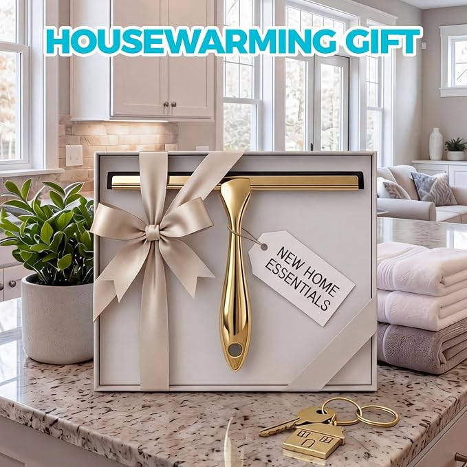 2pcs Shower Squeegee for Glass Doors with Adhesive Hanging Hook Set | 12” gold, bathroom accessories, window cleaner, new home essentials, soft rubber blade, metal handle, ergonomic grip