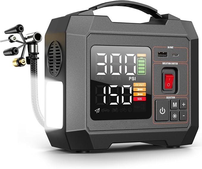 Portable Heavy-Duty Tire Inflator for Pickup Truck,RV, 300PSI Air Compressor, 9X Faster Inflator with 3.7 inch Digital Gauge. 5 Safety Protections and Cooling System for Truck, SUV, Cars (Dark Black)