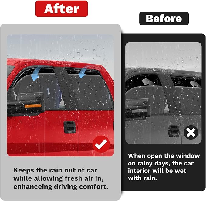 F150 Rain Guards - Window Visors for 2009-2014 Ford F150 SuperCrew Cab, Outside-Mount Tape-On Side Window Wind Deflectors for 09-14 F-150 Accessories, Vent Visors Shades Rainproof 4PCS