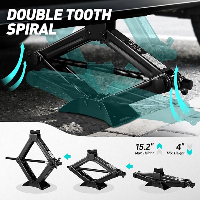 Scissor Jack for Car, 1.5 Ton (3,306 lbs) Scissor Lift Jack with Labor-Saving Ratchet Wrench for Most Cars, 4'' - 15.2'' Lifting Range, TOOLS-00282