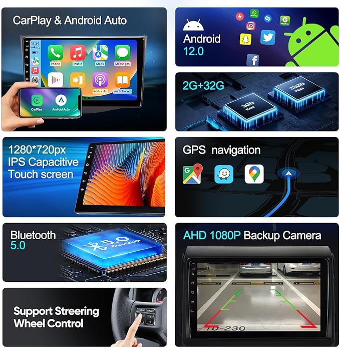 Car Stereo Radio for Toyota Tacoma 2005-2015 with Wireless Carplay&Android Auto/9 inch Touch Screen/Android12/FM RDS/GPS Navigation/HD Backup Camera (2GB+32GB+HD Backup Camera)