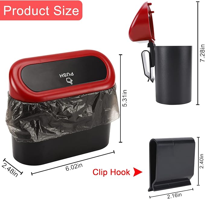 Car Trash Can with Lid, 2 Packs Mini Vehicle Trash Bin Car Dustbin Garbage Organizer Holder with 2 Roll Trash Bag, Portable Hanging Leakproof Cars Storage Bag Container for Auto, SUV (Red)