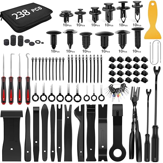 238Pcs Trim Removal Tool, Auto Push Pin Bumper Retainer Clip Set Fastener Terminal Remover Tool Adhesive Cable Clips Kit Car Panel Radio Removal Auto Clip Pliers, Black