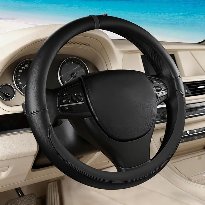 All Black Car Steering Wheel Cover, Nappa Leather, Bottom Color Blocking, Universal 14.5-15 Inch Leather Anti-Slip Breathable Auto Steering Wheel Covers for Men Women