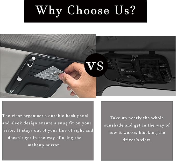 2 Pcs Car Sun Visor Organizer, Black | Premium Leather, Sunglasses Holder, Multi Functional Storage Bag, Card Document Holder