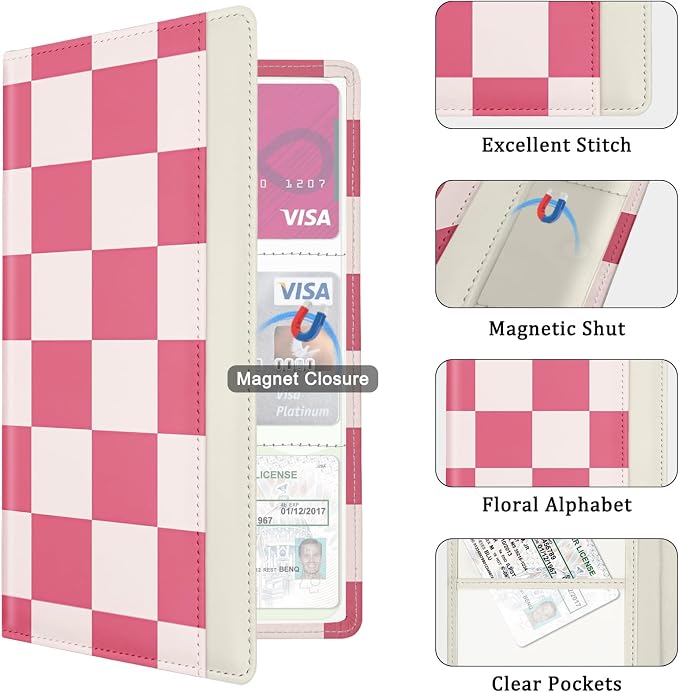 Car Registration and Insurance Holder, with Magnetic Closure for License, Cards and Documents, All Vehicle Needs and Car Accessories (Plaid-Pink)