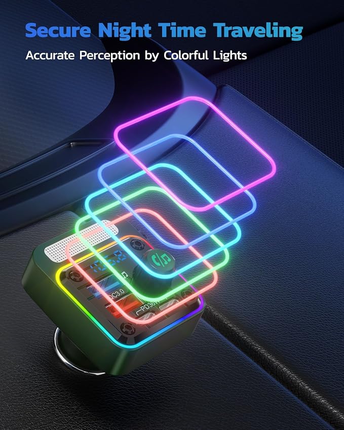 54W Bluetooth 5.3 Car Adapter with 4 Charging Ports [PD 36W & QC3.0 18W], Wireless Radio FM Transmitter with Deep Bass Player & 5 Colors LED Backlit, Hands-Free Calling - Green