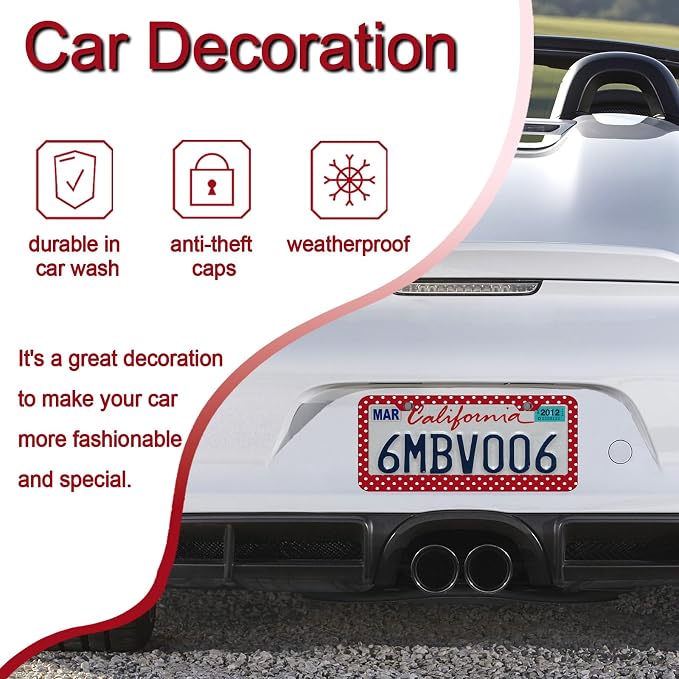 Polka Dots License Plate Frames，Polka dots Car Accessories for Women and Men ，Cute License Plate，Aluminum License Plate Frame Fits Standard US Vehicles Size 12.2 x 6 Inch (Red-Polka dots)
