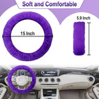 3 PCS Fluffy Steering Wheel Cover Set, 15'' Furry Car Wheel Cover, 2 Seat Belt Shoulder Pads, Anti-Slip Fur Steering Wheel Cover, Winter Warm Fluffy Car Accessories for Women, Purple