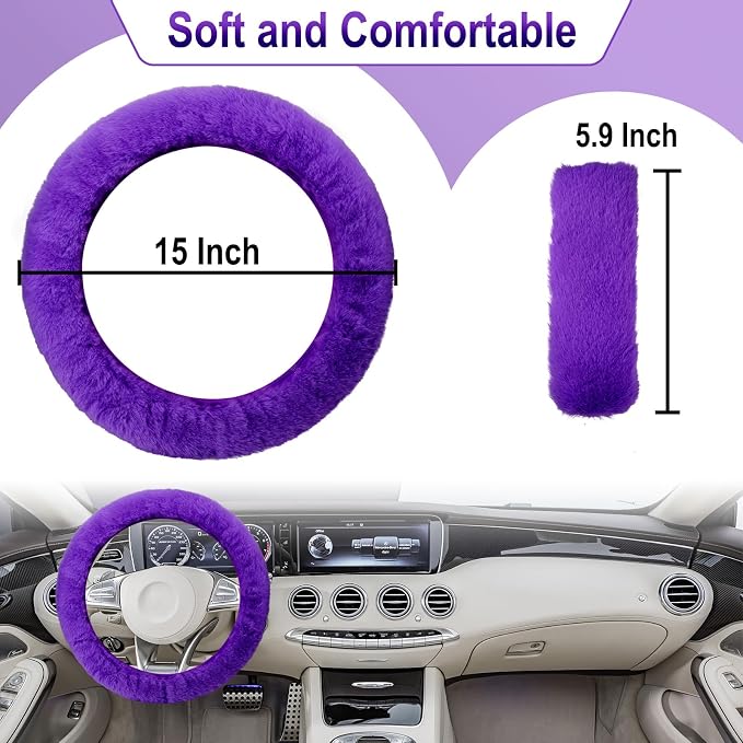 3 PCS Fluffy Steering Wheel Cover Set, 15'' Furry Car Wheel Cover, 2 Seat Belt Shoulder Pads, Anti-Slip Fur Steering Wheel Cover, Winter Warm Fluffy Car Accessories for Women, Purple
