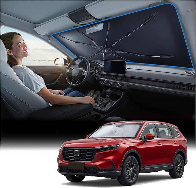 Windshield Sun Shade Umbrella for Honda CR-V - [Vinyl Coating Heat Shield] Protect Car from Sun Rays & Heat Damage Keep Cool and Protect Interior, Spring Structure Edge