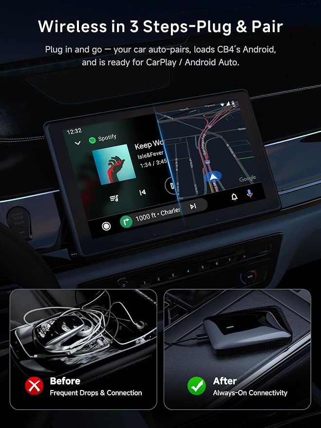 Wireless CarPlay&Android Auto Adapter Magic AI Box 4GB+32GB | Dual-WiFi Stability Enjoy Video & Music Apps, Compatible with Wired Factory CarPlay&Android Auto, Support for YouTube/Netflix