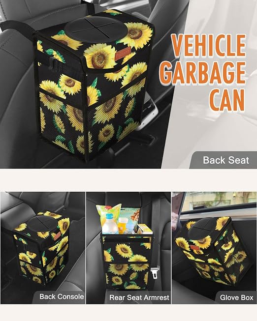 Car Trash Can with Lid, Cute Leakproof Car Trash Garbage Bag Hanging Vehicle Trash Bin Small Portable Automotive Garbage Cans Organizer for Back/Front Seat/Console(2.8 Gallons,Sunflower)