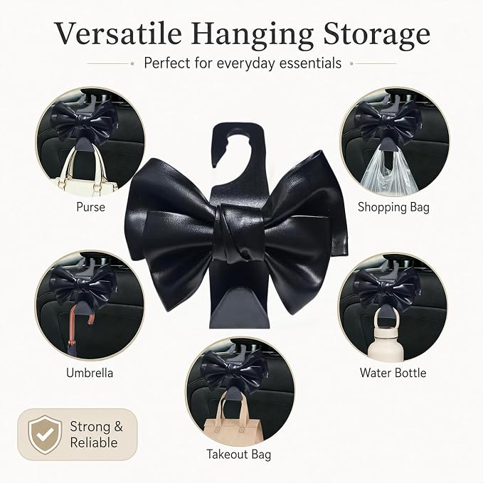 2 Pack Car Purse Hooks, Cute Bow Car Seat Headrest Hook Hanger for Purses and Bags, Space-Saving Car Accessory(black)