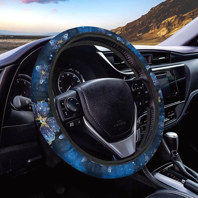 Steering Wheel Cover for Most Cars Universal Fit 14 to 15 inch | Blue Butterfly, Anti-slip Steering Wheel Protector, No Smell Fashion, Easy Install