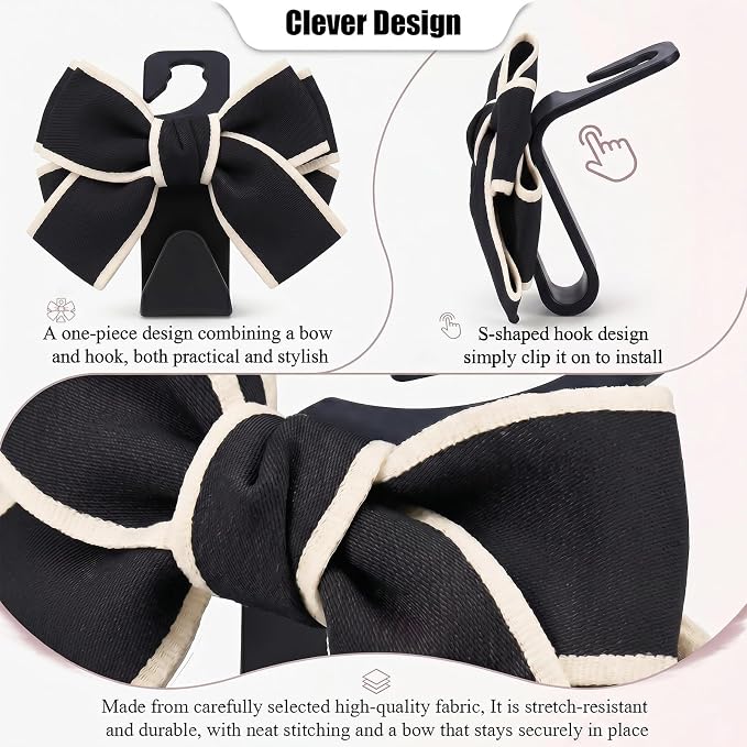2 Pack Cute Bow Car Seat Headrest Hooks, Purse Hook for Car, Car Purse Hanger for Bags, Backseat Storage Organizer, Universal Vehicle Hooks for Women, Sedan SUV Truck, Black/White