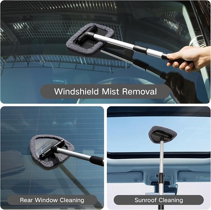 10pcs Windshield Cleaning Tool Inside Car Window Cleaner Wash Kit with 4 Reusable Microfiber Pads 1 Spray Bottle and Extendable Handle Interior Auto Glass Wiper Kit, Gray