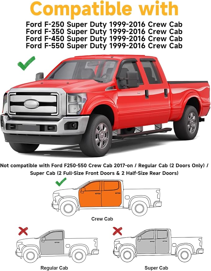 Outside-Mount Window Rain Guards Fit for Ford F250/F350/F450/F550 1999-2016 Super Duty CrewCab, Extra Durable Window Visors Wind Deflector Dark Smoke Vent Shades Car Tape-on with Thicker 4PCS