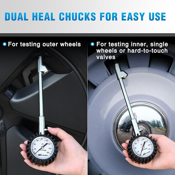 Tire Pressure Gauge 160PSI Heavy Duty Stainless Steel Dual Head Air Pressure Chucks ANSI B40.1 Certified Large 2" Dial Wheel Checker for Truck Semi Truck ATV Motorhome Cars & RV Accessories